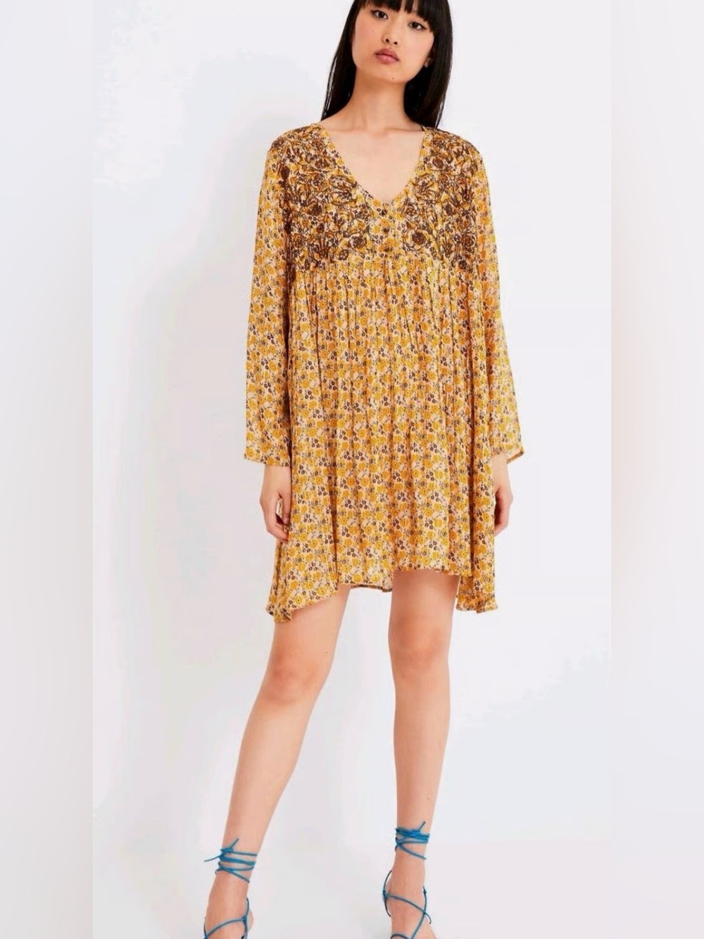 Zara Long Sleeve Embroidered Boho Festival Dress - Mustard Floral Size S